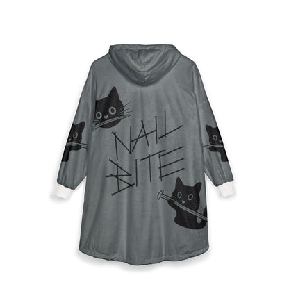 Light Grey 'Nail Bite' Cat Hooded Blanket