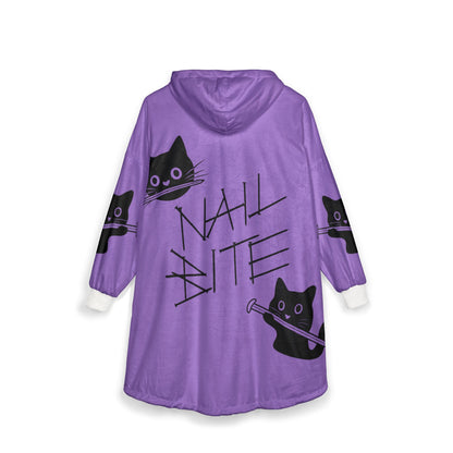 Purple 'Nail Bite' Cat Hooded Blanket